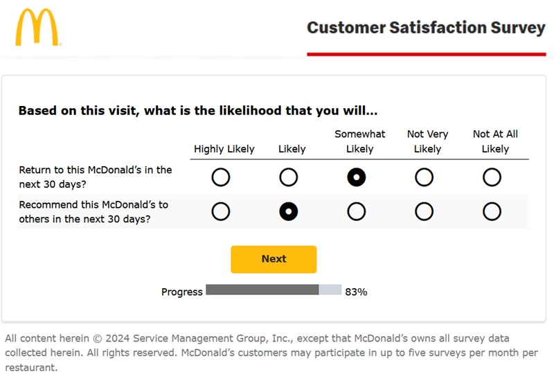 Mcdonalds satisfaction survey questions and answers