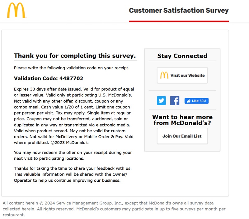 Mcdvoice com survey validation code mcdnonalds code